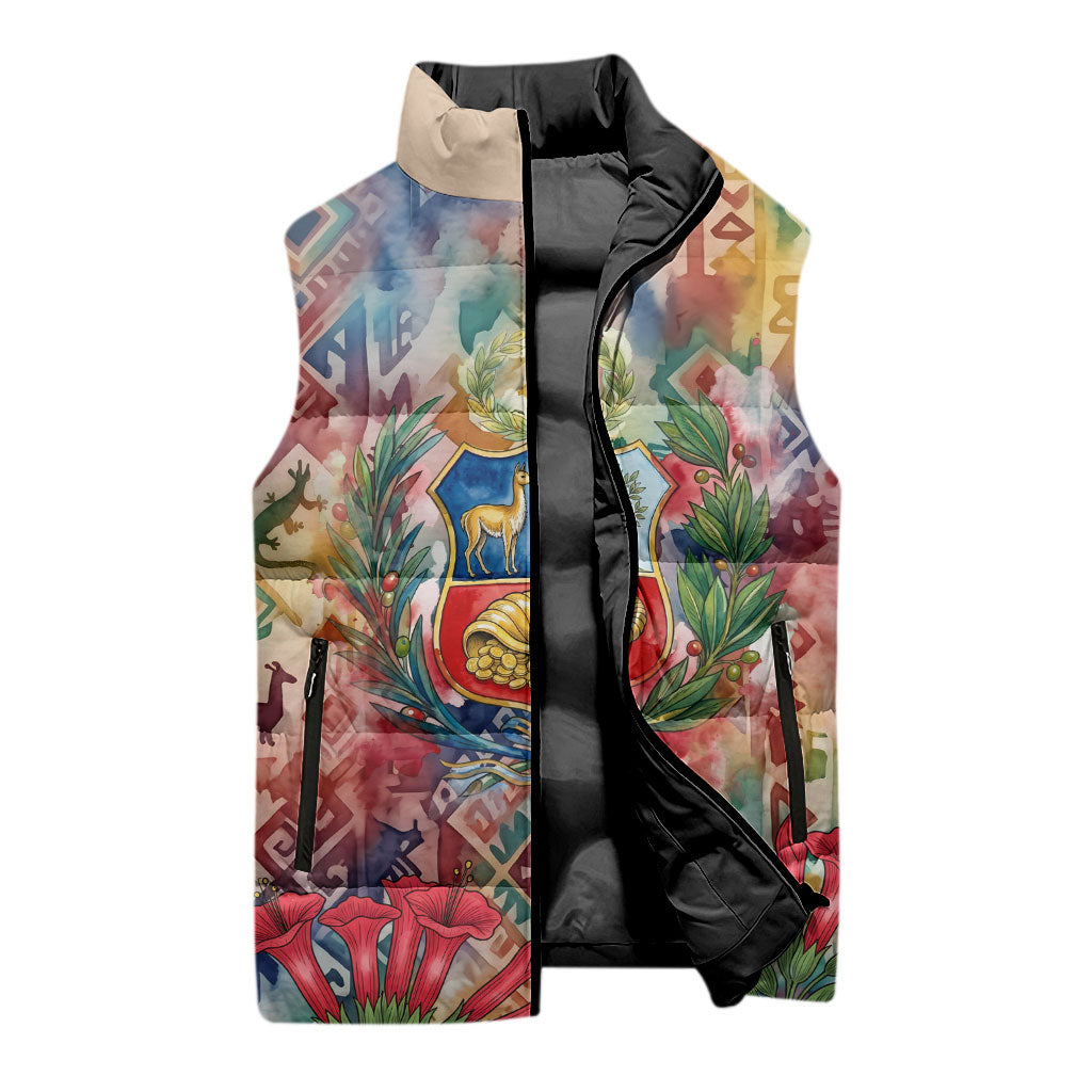 Peru National Emblem Marinera Sleeveless Puffer Jacket Watercolor Splash Inca Pattern