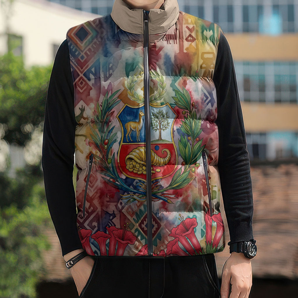 Peru National Emblem Marinera Sleeveless Puffer Jacket Watercolor Splash Inca Pattern