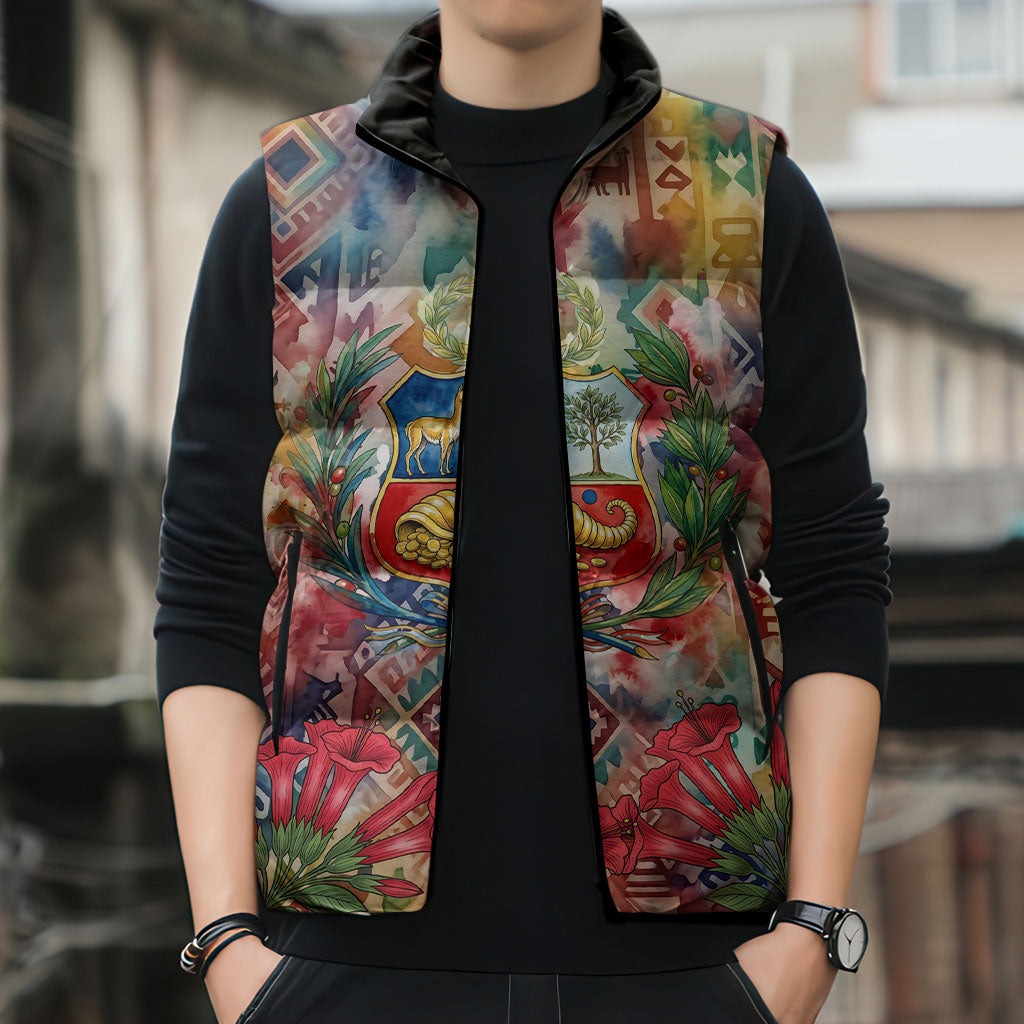 Peru National Emblem Marinera Sleeveless Puffer Jacket Watercolor Splash Inca Pattern