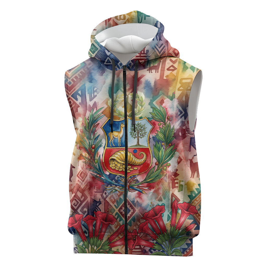 Peru National Emblem Marinera Sleeveless Zip Hoodie Watercolor Splash Inca Pattern