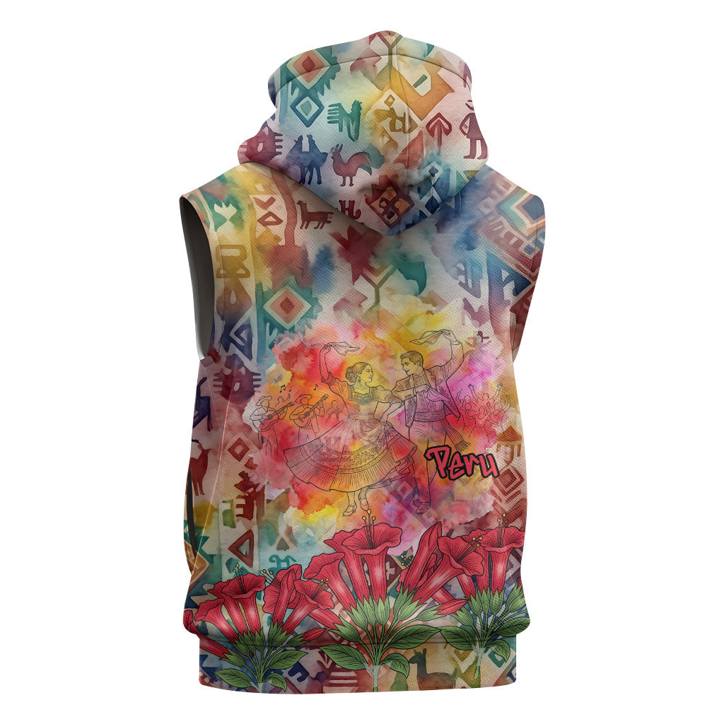 Peru National Emblem Marinera Sleeveless Zip Hoodie Watercolor Splash Inca Pattern