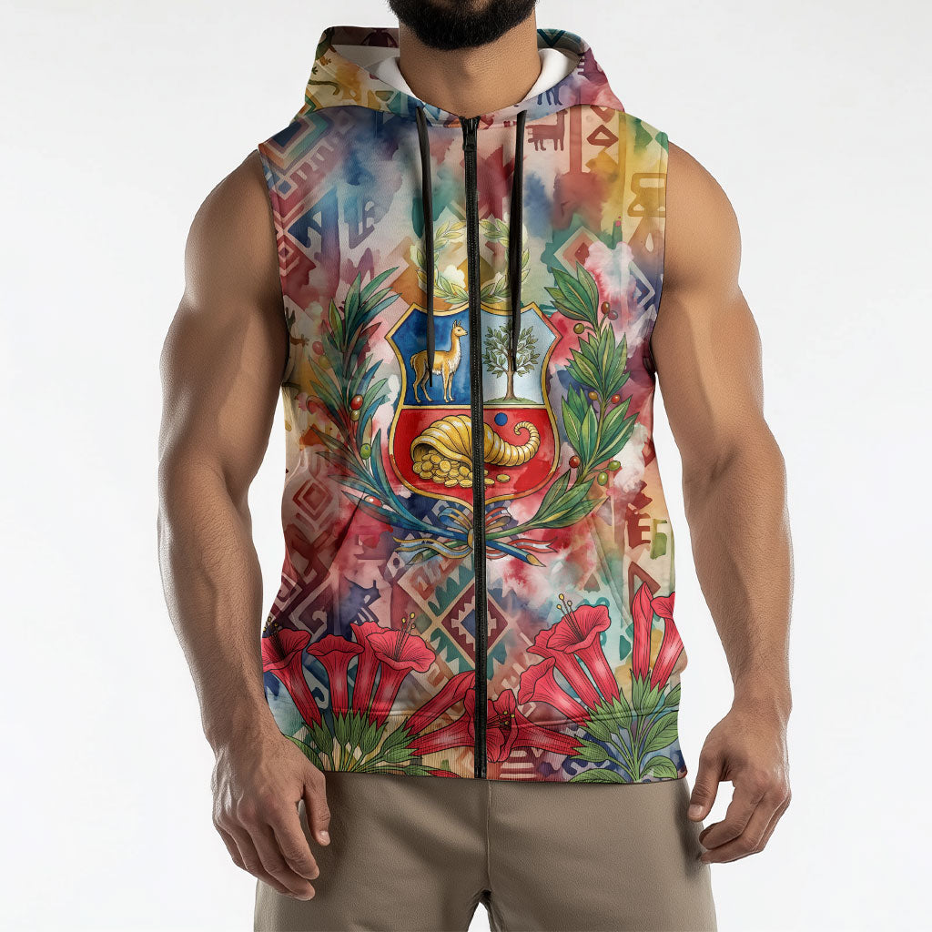 Peru National Emblem Marinera Sleeveless Zip Hoodie Watercolor Splash Inca Pattern