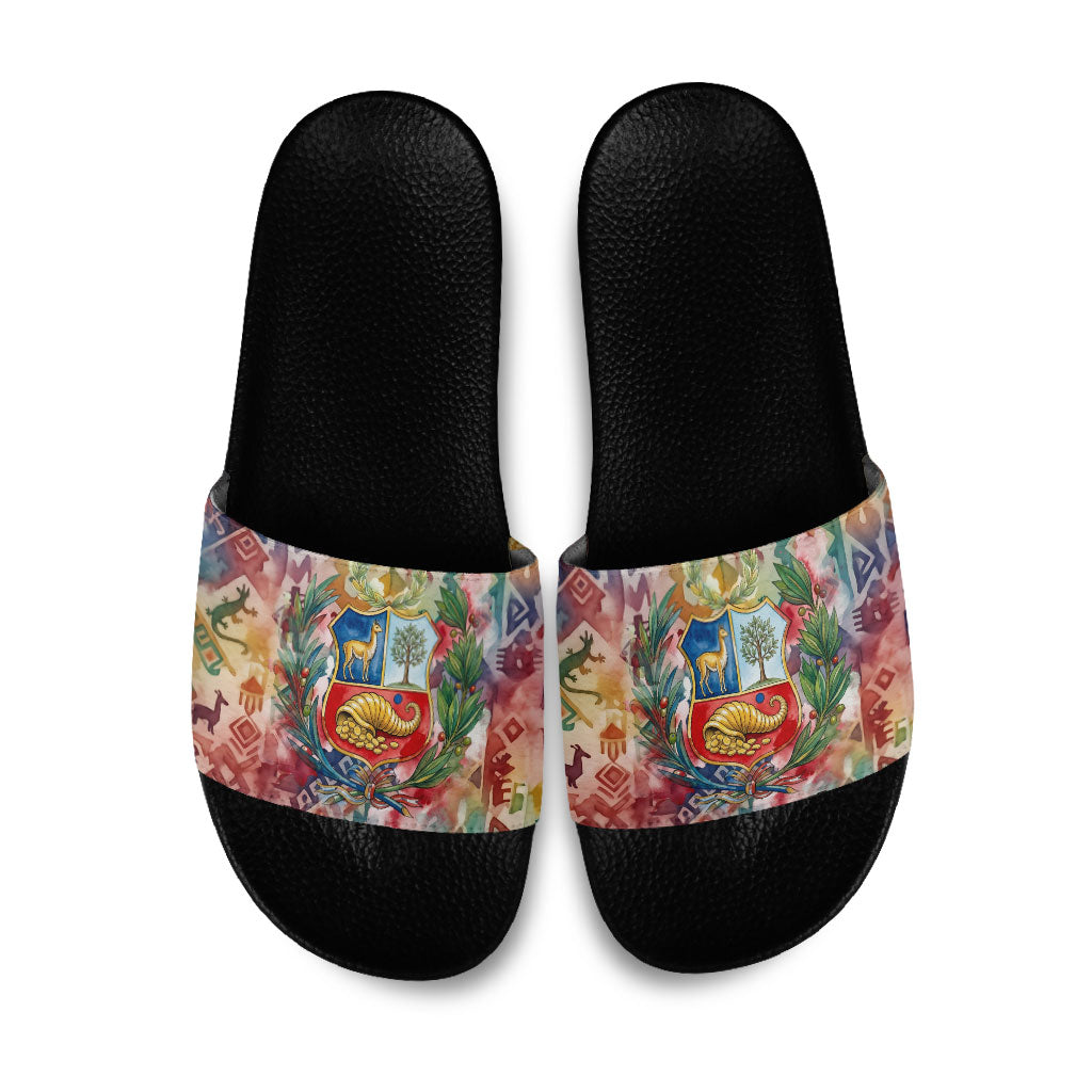 Peru National Emblem Marinera Slide Sandals Watercolor Splash Inca Pattern