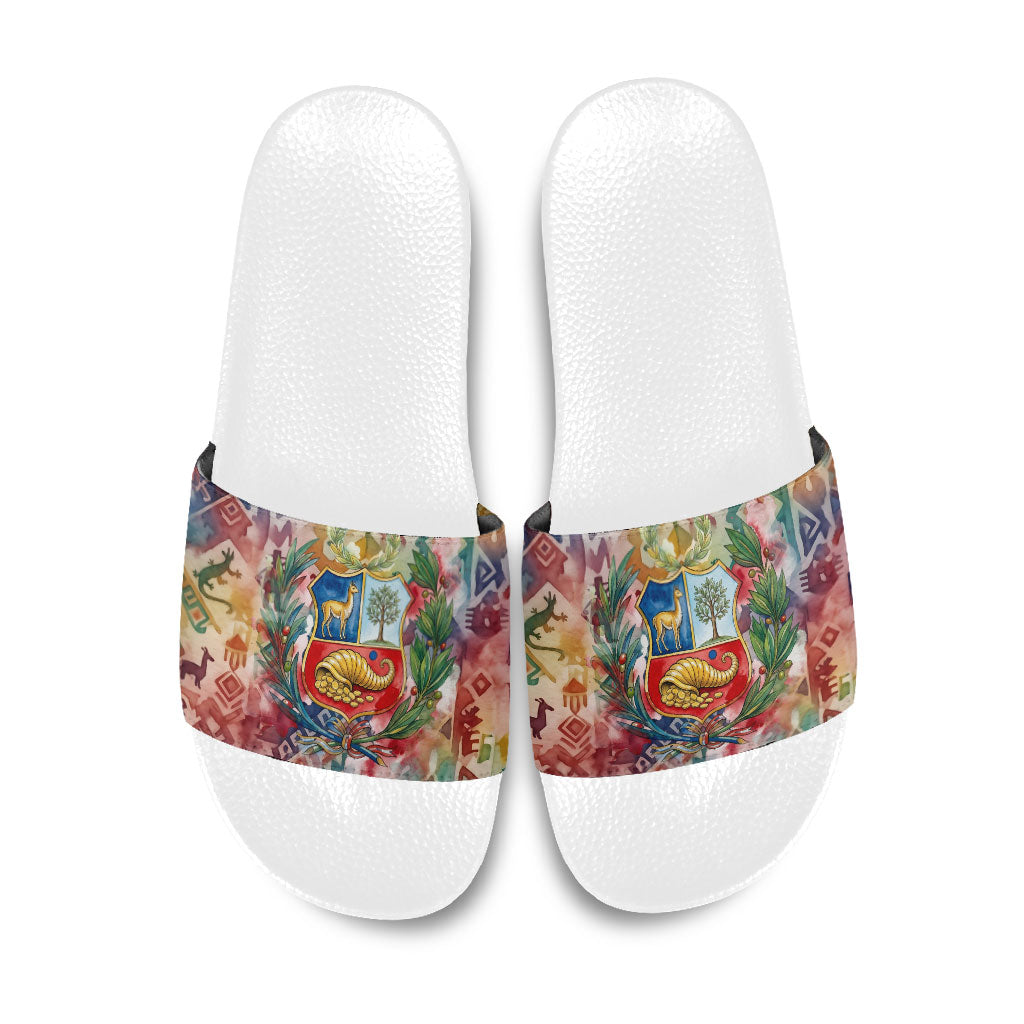 Peru National Emblem Marinera Slide Sandals Watercolor Splash Inca Pattern