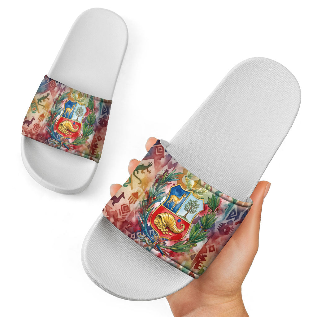 Peru National Emblem Marinera Slide Sandals Watercolor Splash Inca Pattern