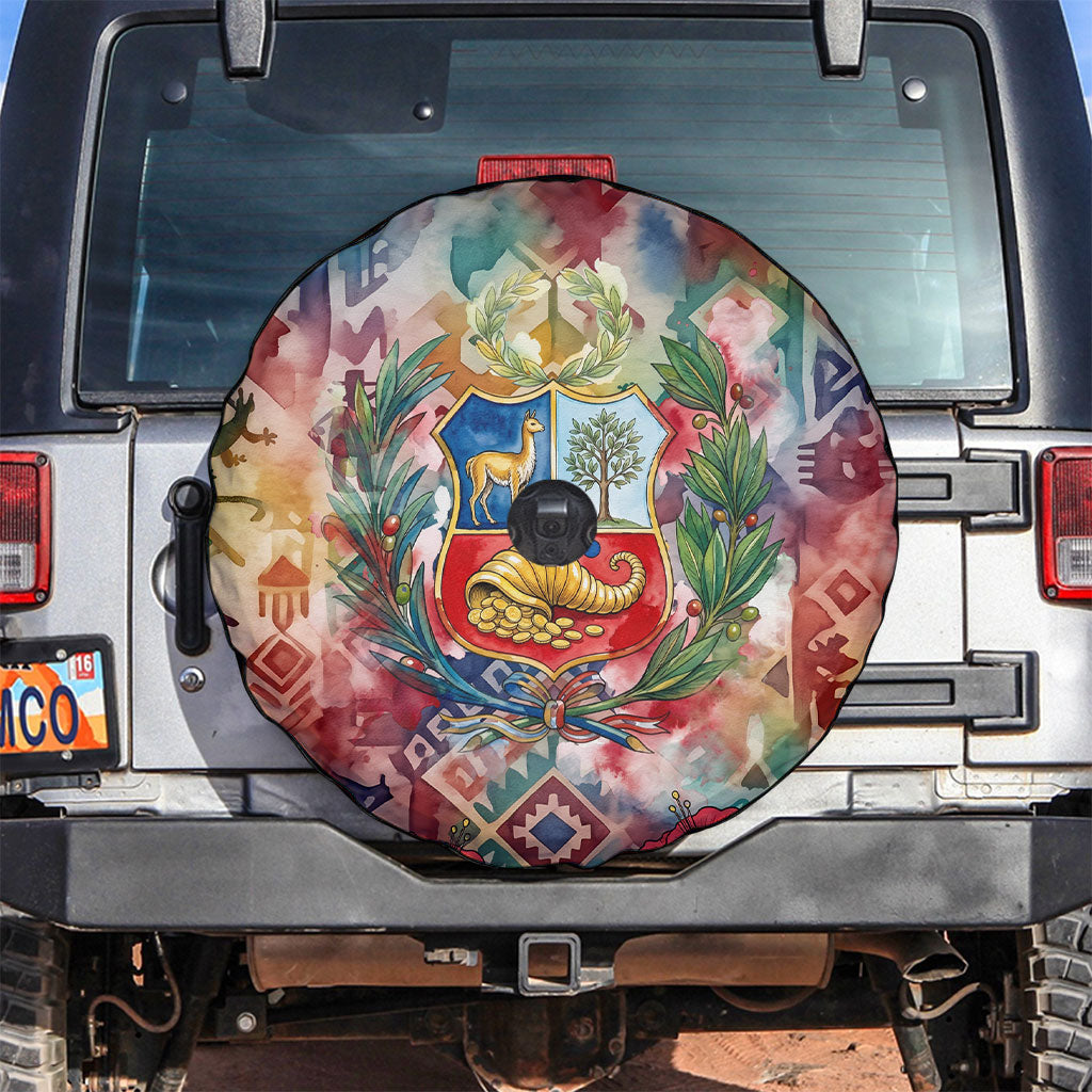 Peru National Emblem Marinera Spare Tire Cover Watercolor Splash Inca Pattern