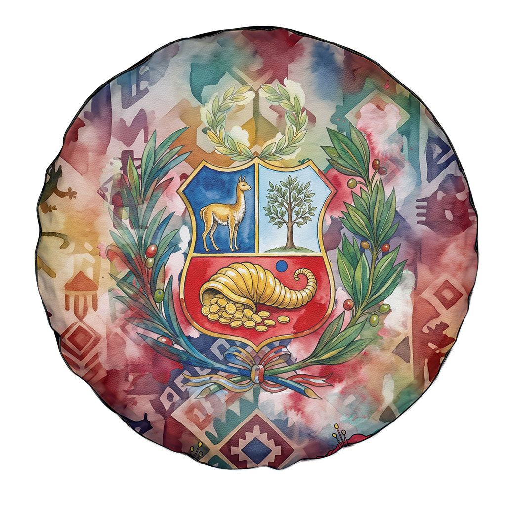 Peru National Emblem Marinera Spare Tire Cover Watercolor Splash Inca Pattern