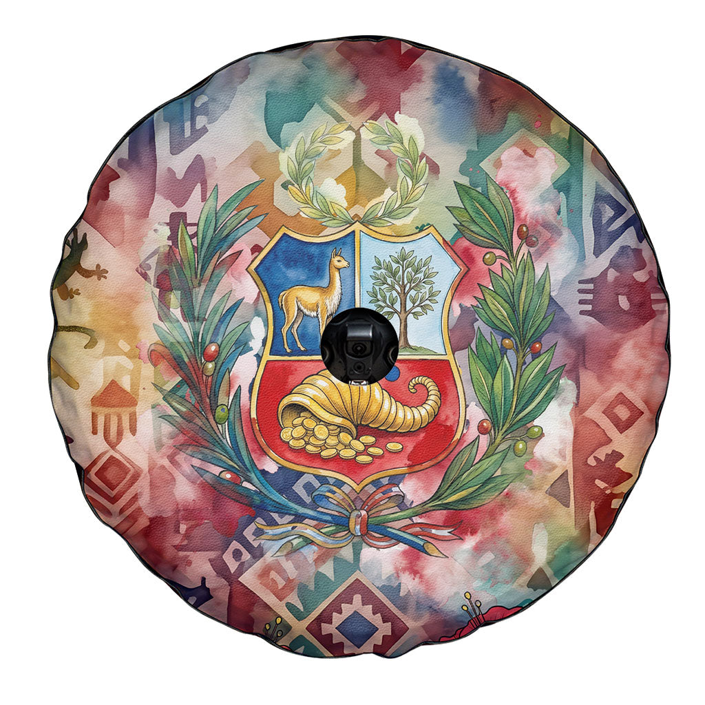 Peru National Emblem Marinera Spare Tire Cover Watercolor Splash Inca Pattern