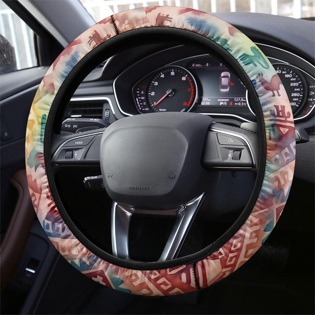 Peru National Emblem Marinera Steering Wheel Cover Watercolor Splash Inca Pattern