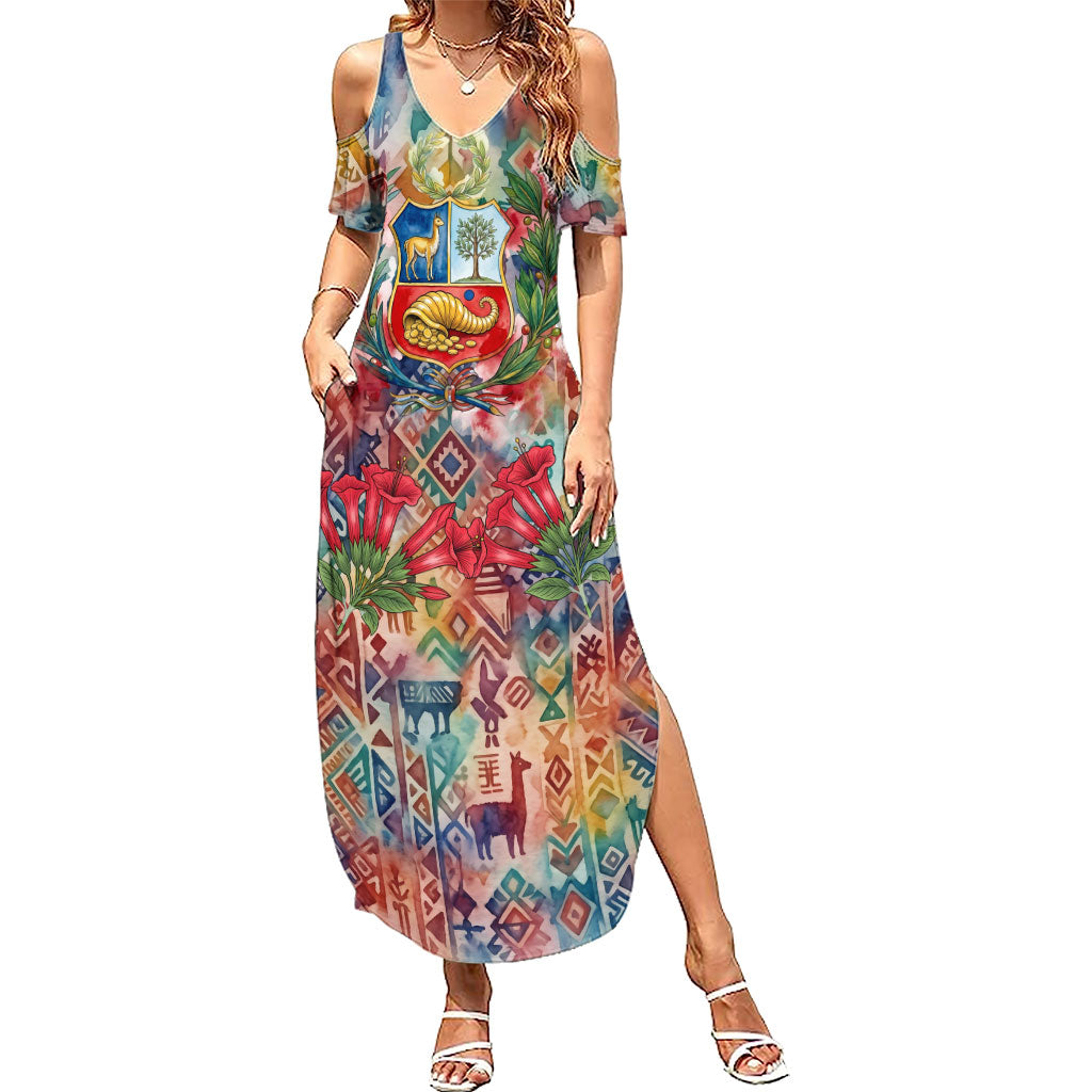 Peru National Emblem Marinera Summer Maxi Dress Watercolor Splash Inca Pattern