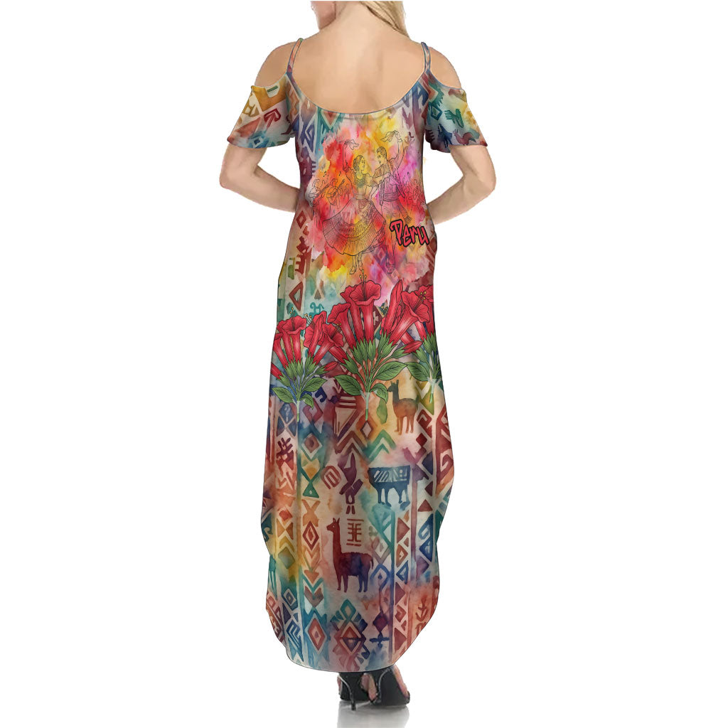 Peru National Emblem Marinera Summer Maxi Dress Watercolor Splash Inca Pattern
