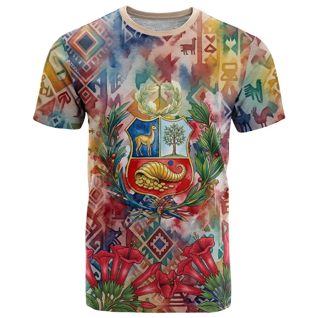Peru National Emblem Marinera T Shirt Watercolor Splash Inca Pattern