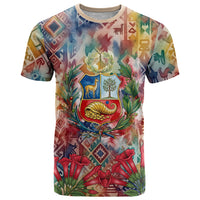 Peru National Emblem Marinera T Shirt Watercolor Splash Inca Pattern