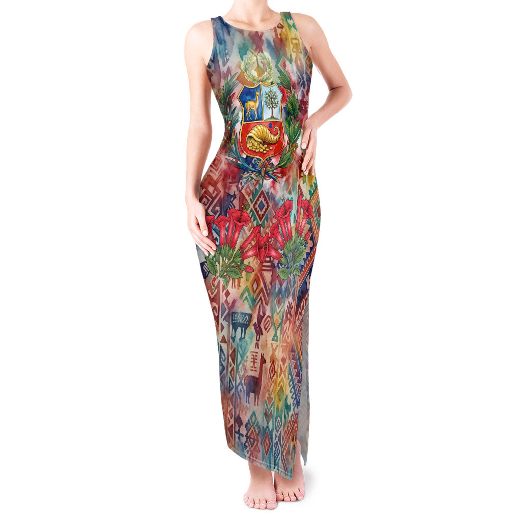 Peru National Emblem Marinera Tank Maxi Dress Watercolor Splash Inca Pattern