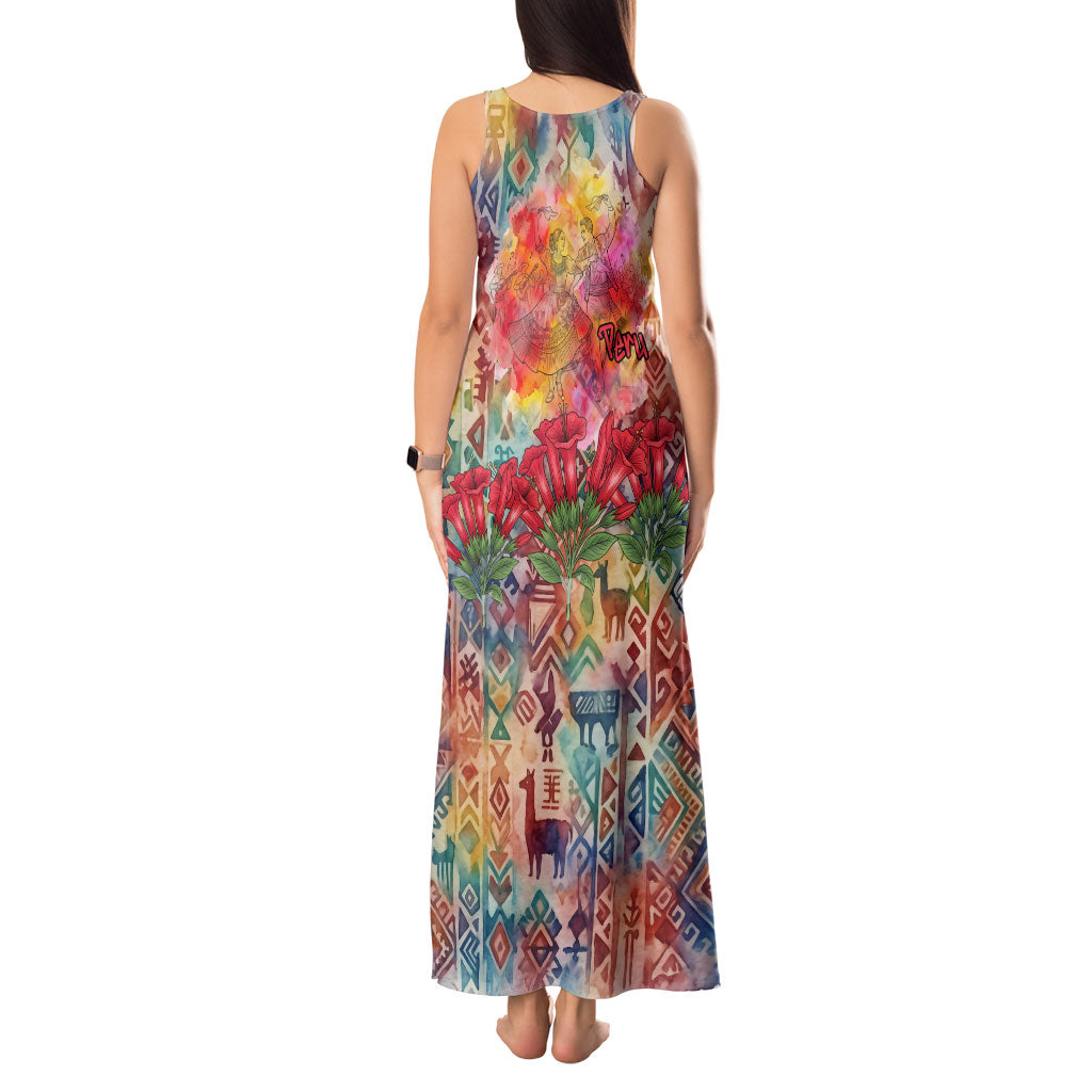 Peru National Emblem Marinera Tank Maxi Dress Watercolor Splash Inca Pattern