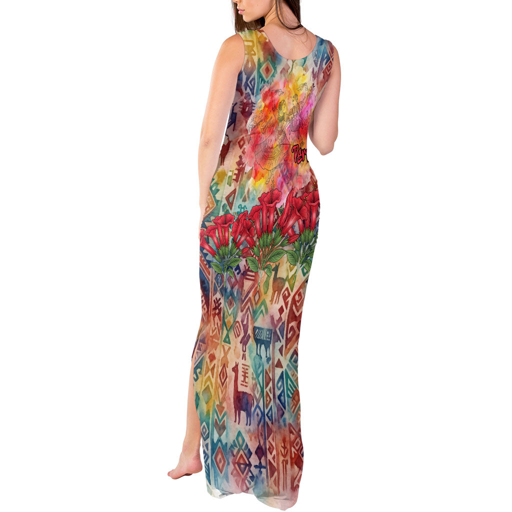 Peru National Emblem Marinera Tank Maxi Dress Watercolor Splash Inca Pattern