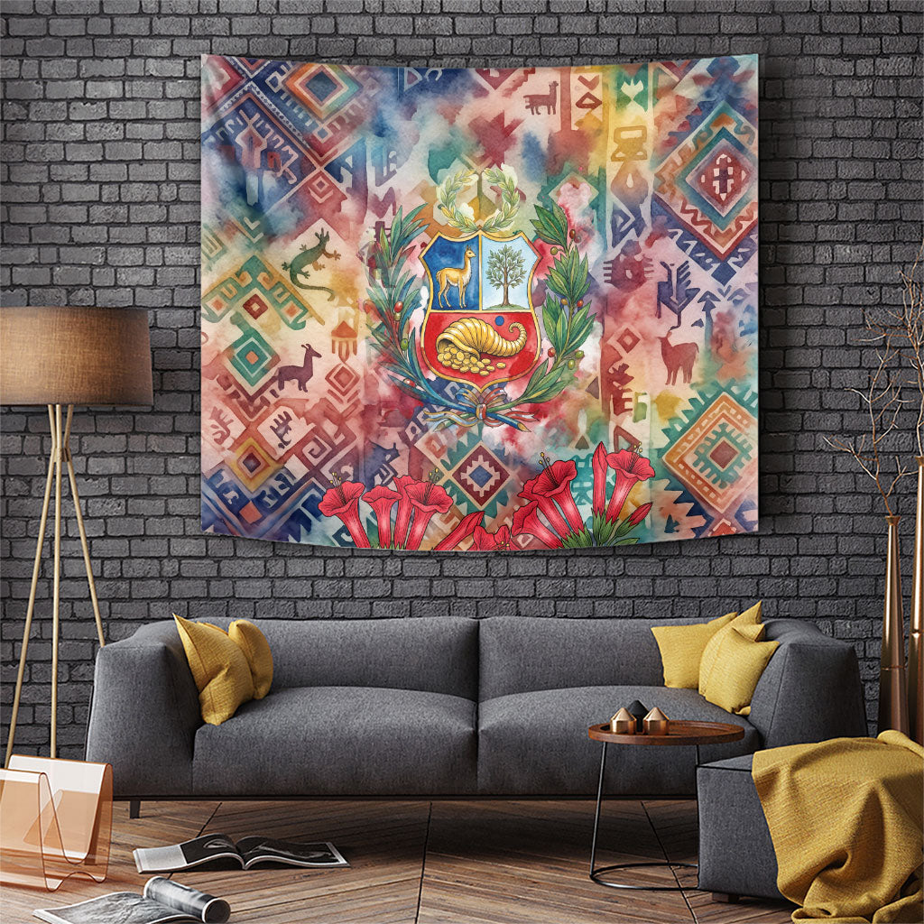 Peru National Emblem Marinera Tapestry Watercolor Splash Inca Pattern