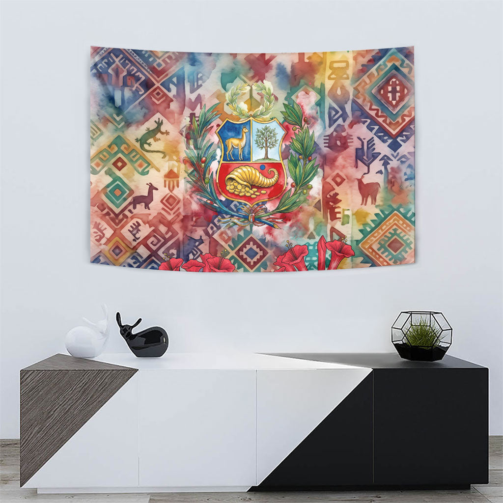 Peru National Emblem Marinera Tapestry Watercolor Splash Inca Pattern