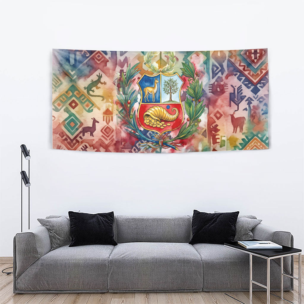 Peru National Emblem Marinera Tapestry Watercolor Splash Inca Pattern