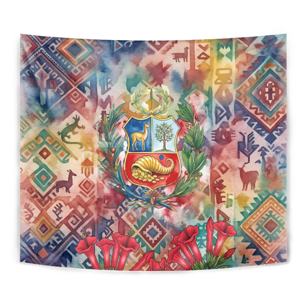 Peru National Emblem Marinera Tapestry Watercolor Splash Inca Pattern