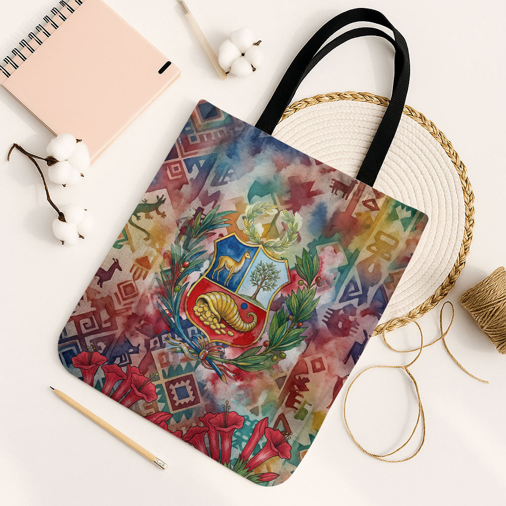 Peru National Emblem Marinera Tote Bag Watercolor Splash Inca Pattern