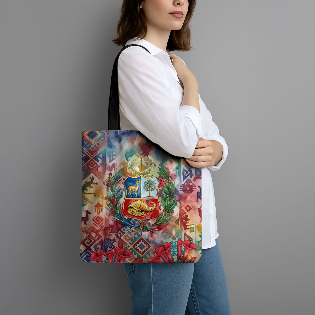Peru National Emblem Marinera Tote Bag Watercolor Splash Inca Pattern