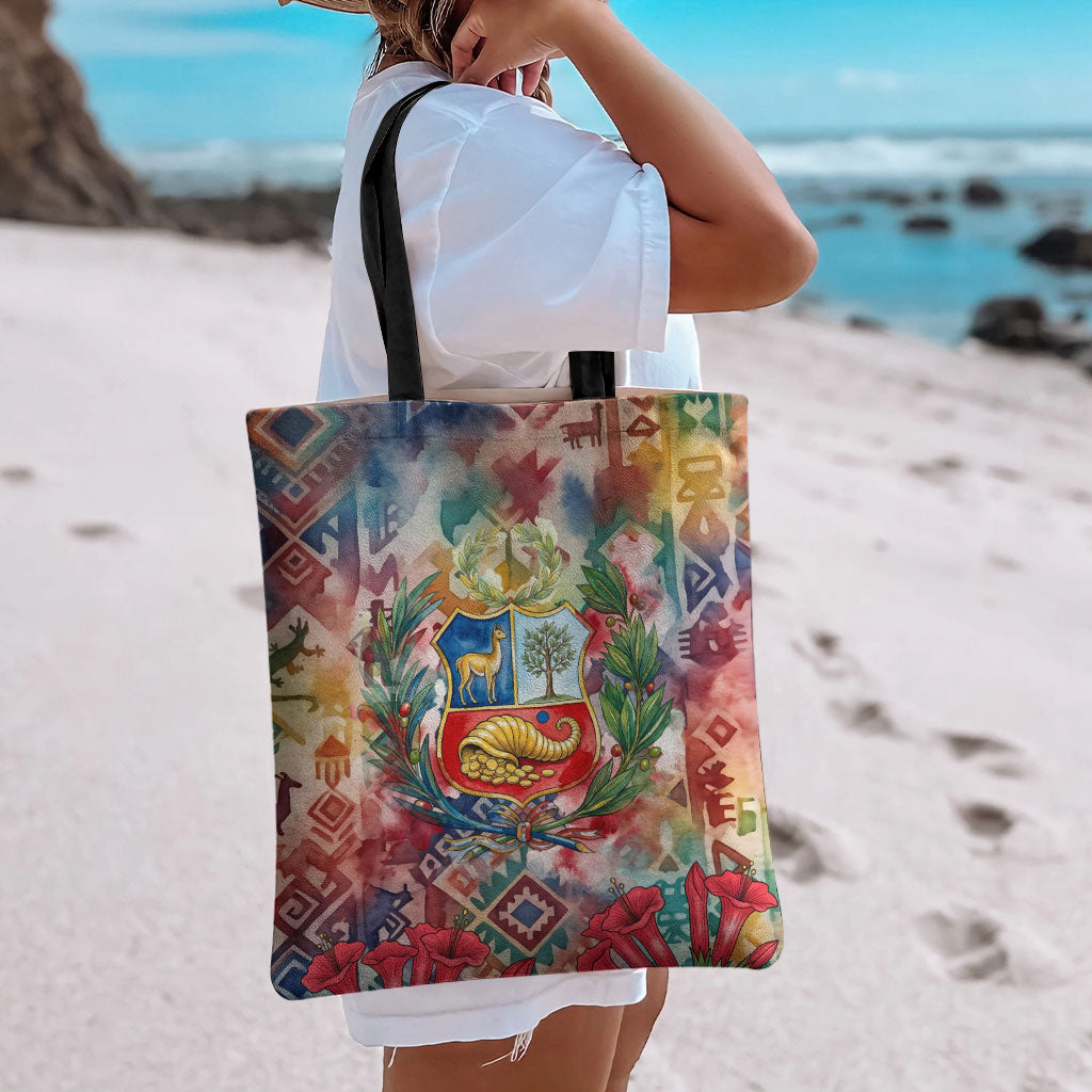 Peru National Emblem Marinera Tote Bag Watercolor Splash Inca Pattern