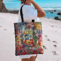 Peru National Emblem Marinera Tote Bag Watercolor Splash Inca Pattern