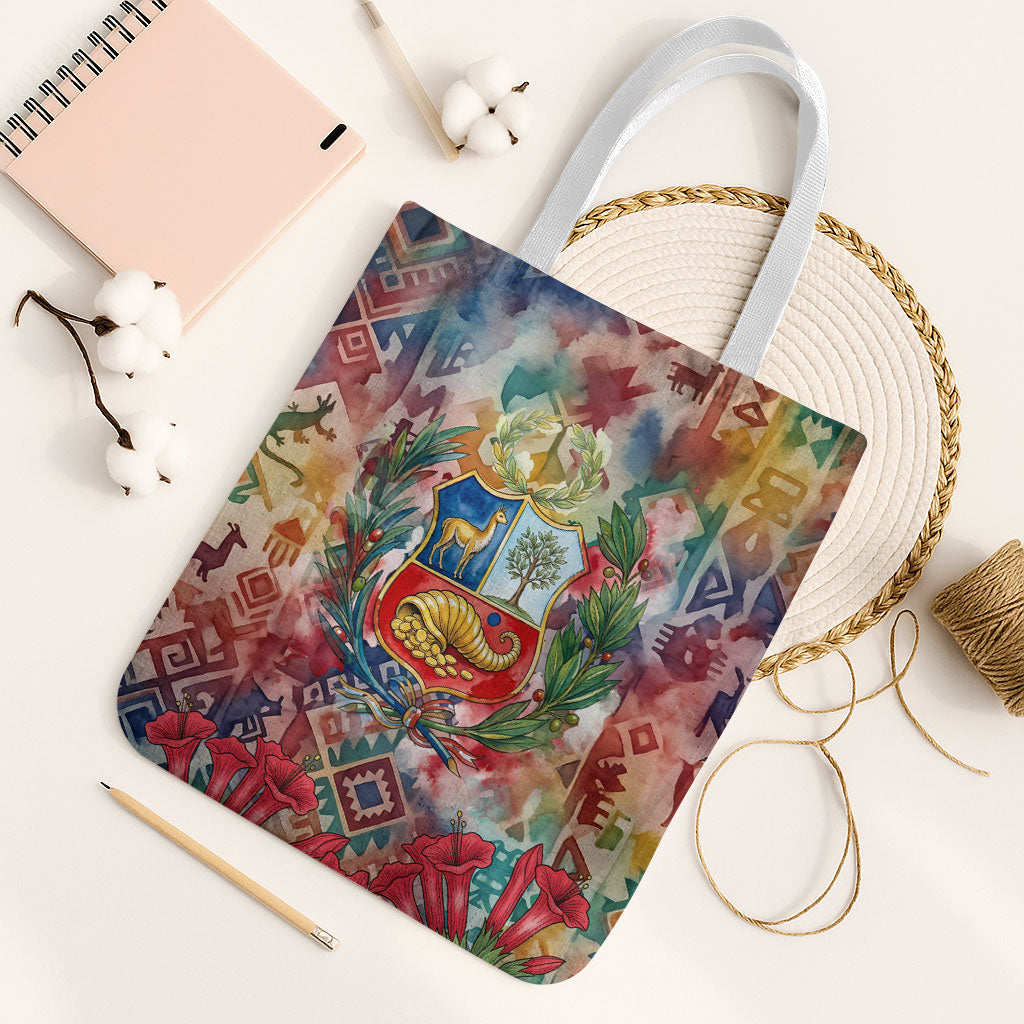 Peru National Emblem Marinera Tote Bag Watercolor Splash Inca Pattern