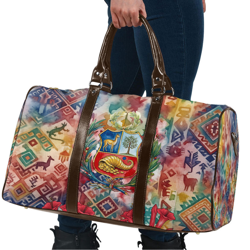 Peru National Emblem Marinera Travel Bag Watercolor Splash Inca Pattern
