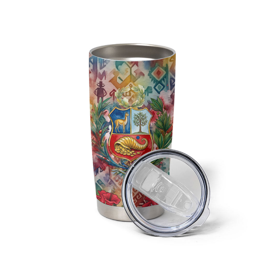 Peru National Emblem Marinera Tumbler Cup Watercolor Splash Inca Pattern