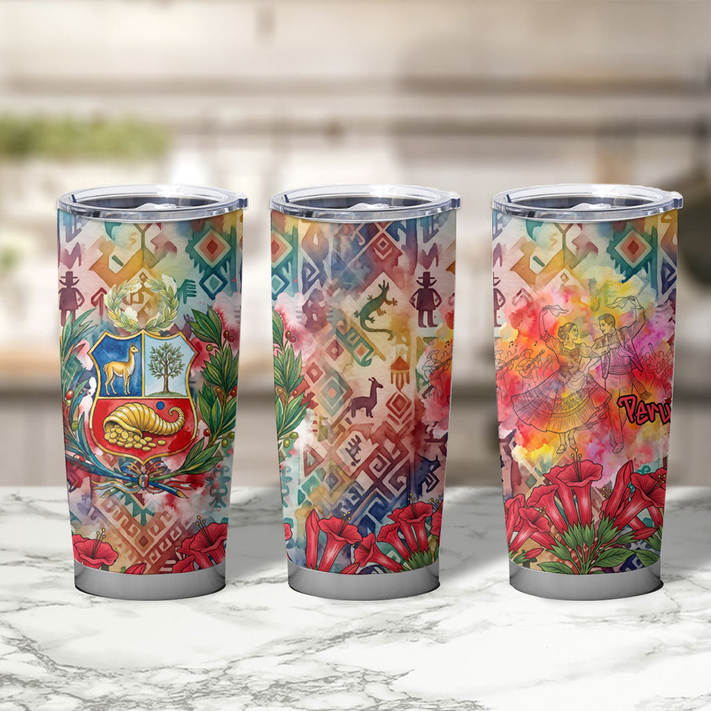 Peru National Emblem Marinera Tumbler Cup Watercolor Splash Inca Pattern