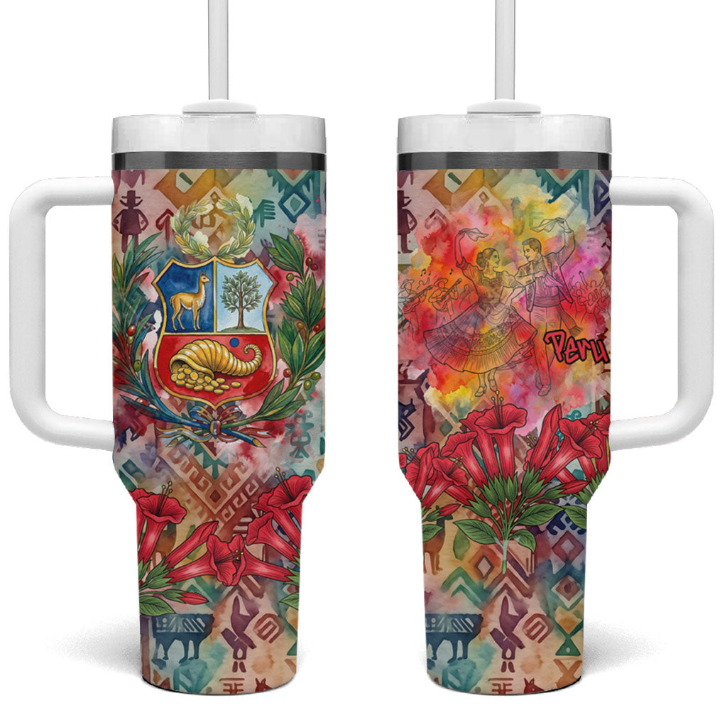 Peru National Emblem Marinera Tumbler With Handle Watercolor Splash Inca Pattern