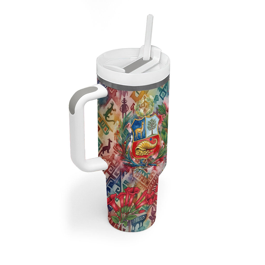 Peru National Emblem Marinera Tumbler With Handle Watercolor Splash Inca Pattern