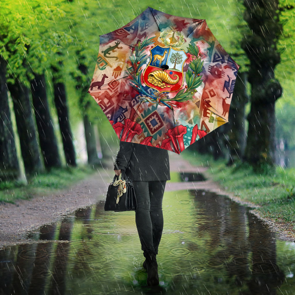 Peru National Emblem Marinera Umbrella Watercolor Splash Inca Pattern