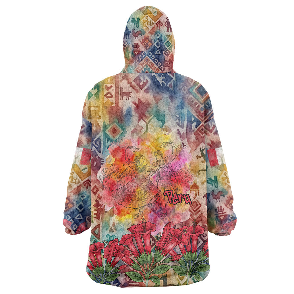 Peru National Emblem Marinera Wearable Blanket Hoodie Watercolor Splash Inca Pattern