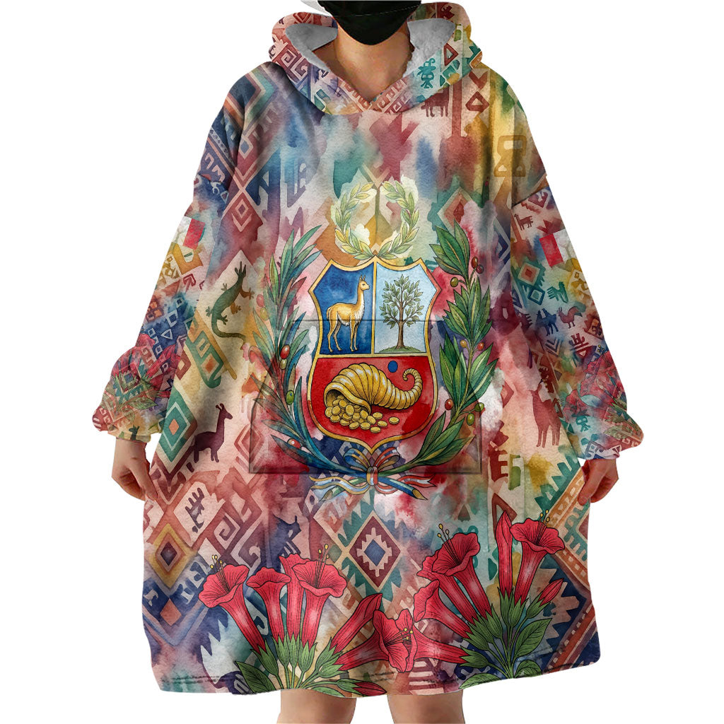 Peru National Emblem Marinera Wearable Blanket Hoodie Watercolor Splash Inca Pattern