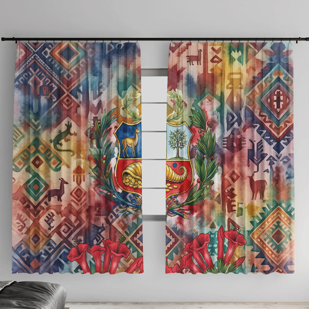 Peru National Emblem Marinera Window Curtain Watercolor Splash Inca Pattern