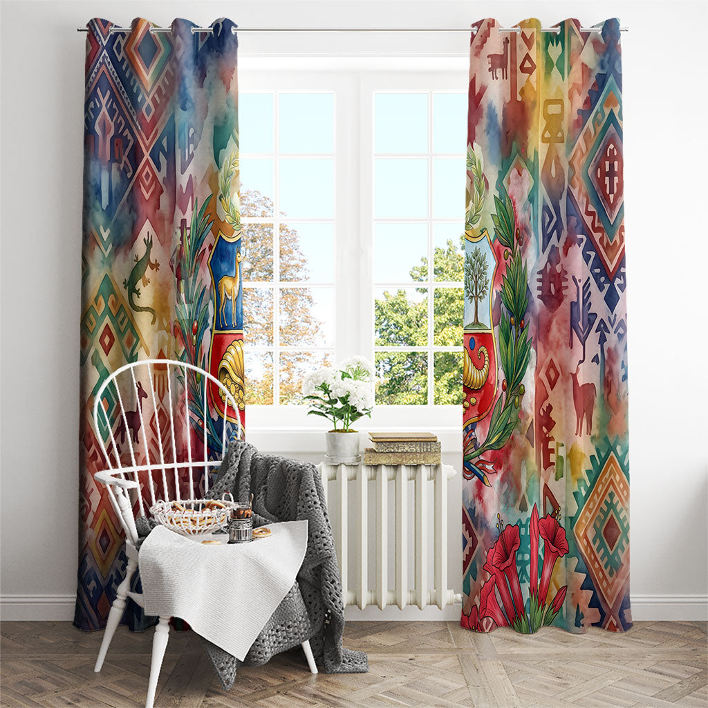 Peru National Emblem Marinera Window Curtain Watercolor Splash Inca Pattern