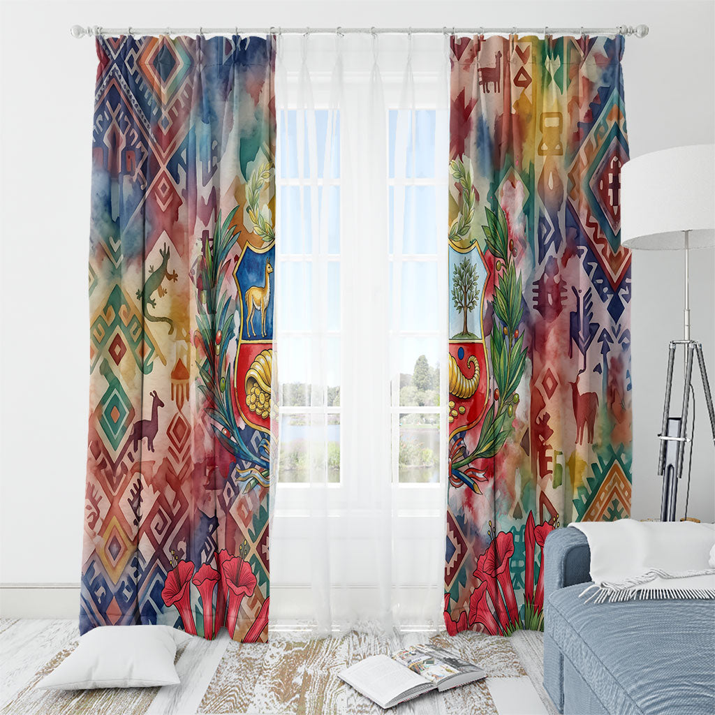 Peru National Emblem Marinera Window Curtain Watercolor Splash Inca Pattern