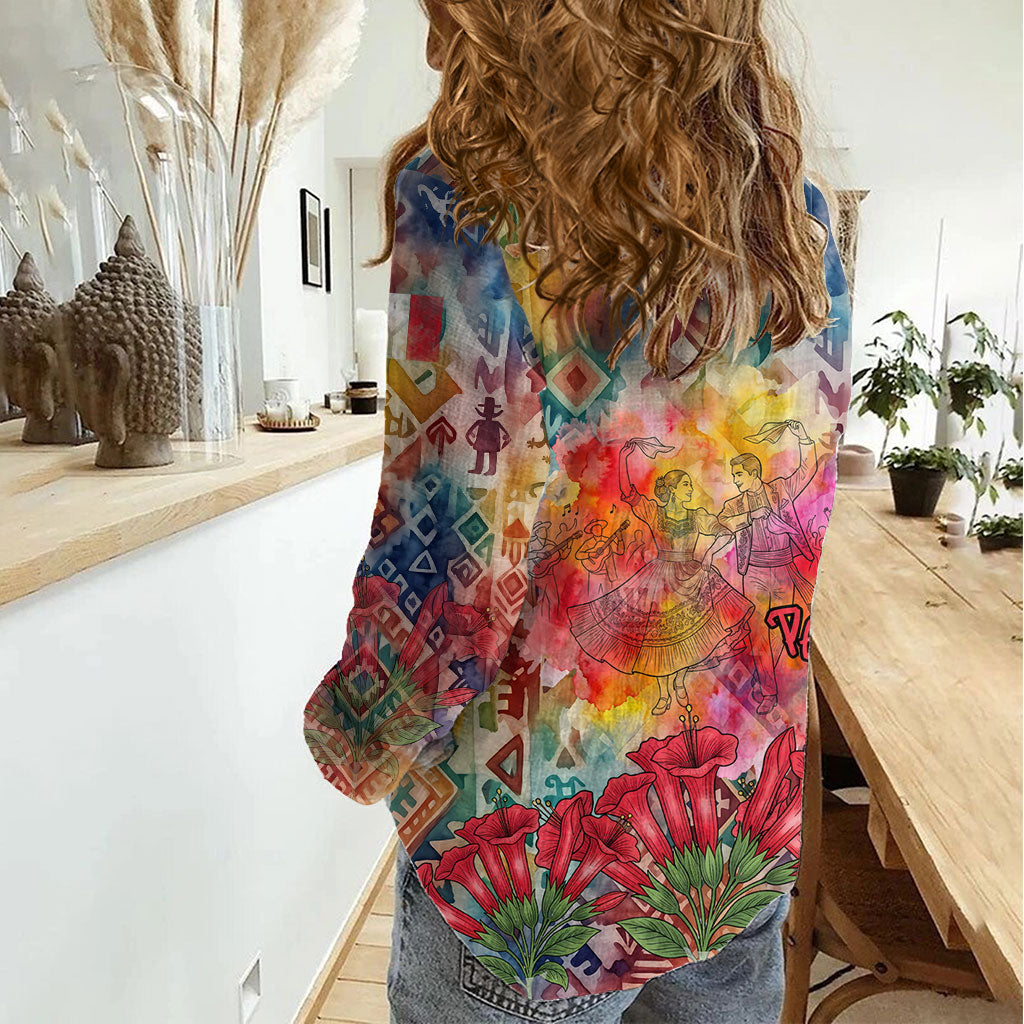 Peru National Emblem Marinera Women Casual Shirt Watercolor Splash Inca Pattern