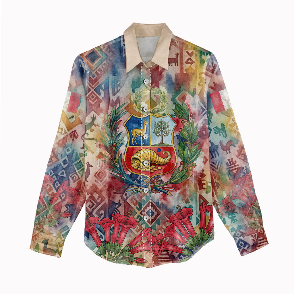 Peru National Emblem Marinera Women Casual Shirt Watercolor Splash Inca Pattern