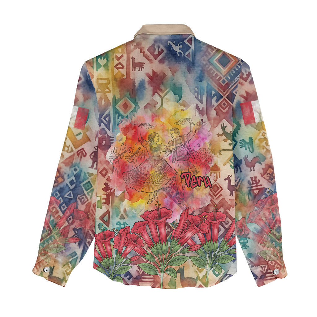 Peru National Emblem Marinera Women Casual Shirt Watercolor Splash Inca Pattern