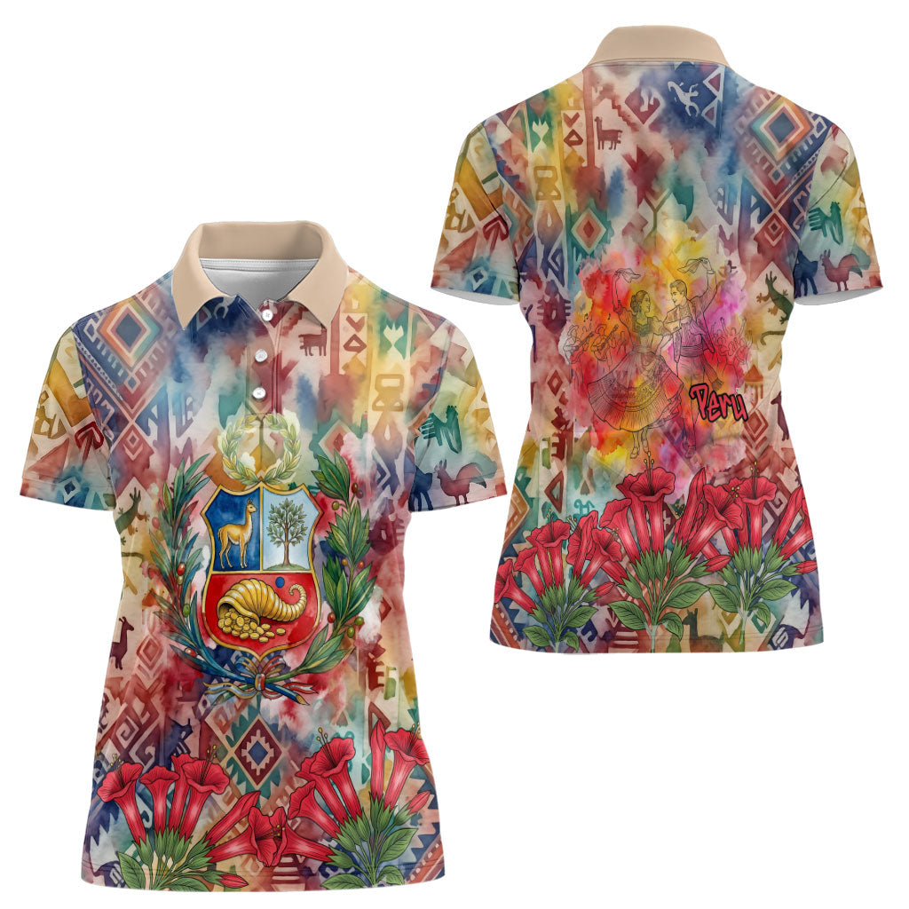 Peru National Emblem Marinera Women Polo Shirt Watercolor Splash Inca Pattern