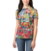 Peru National Emblem Marinera Women Polo Shirt Watercolor Splash Inca Pattern