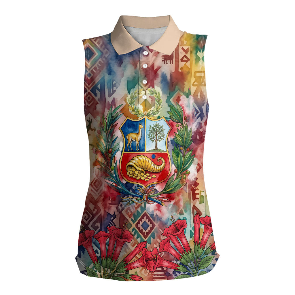 Peru National Emblem Marinera Women Sleeveless Polo Shirt Watercolor Splash Inca Pattern