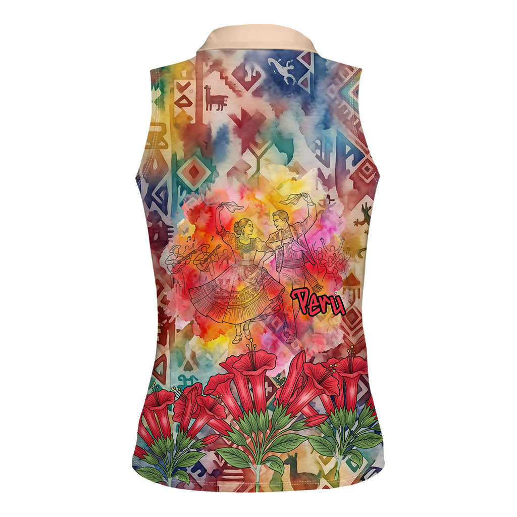 Peru National Emblem Marinera Women Sleeveless Polo Shirt Watercolor Splash Inca Pattern