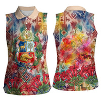 Peru National Emblem Marinera Women Sleeveless Polo Shirt Watercolor Splash Inca Pattern