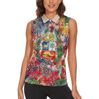 Peru National Emblem Marinera Women Sleeveless Polo Shirt Watercolor Splash Inca Pattern