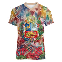 Peru National Emblem Marinera Women V-Neck T-Shirt Watercolor Splash Inca Pattern
